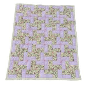 Vtg Windmill Baby Quilt Blanket 29x35” Hand Made Cotton? Pink Roses Pale Yellow